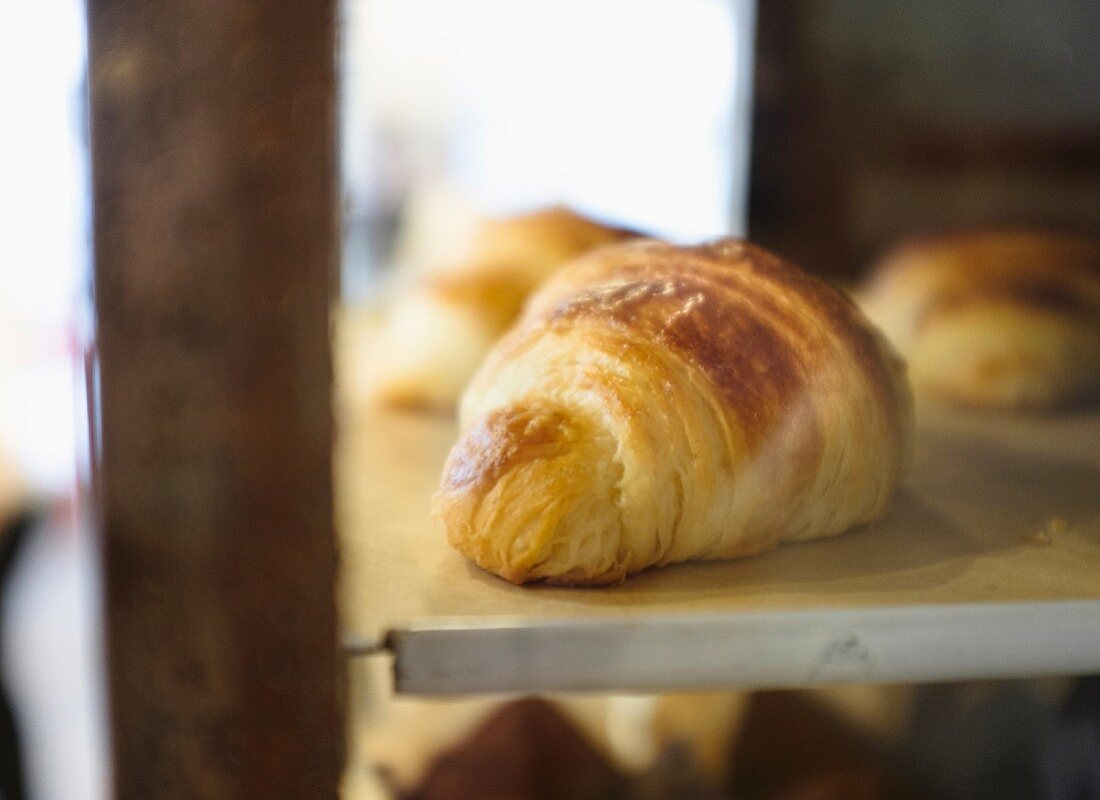 Croissants on a shelf in a bakery