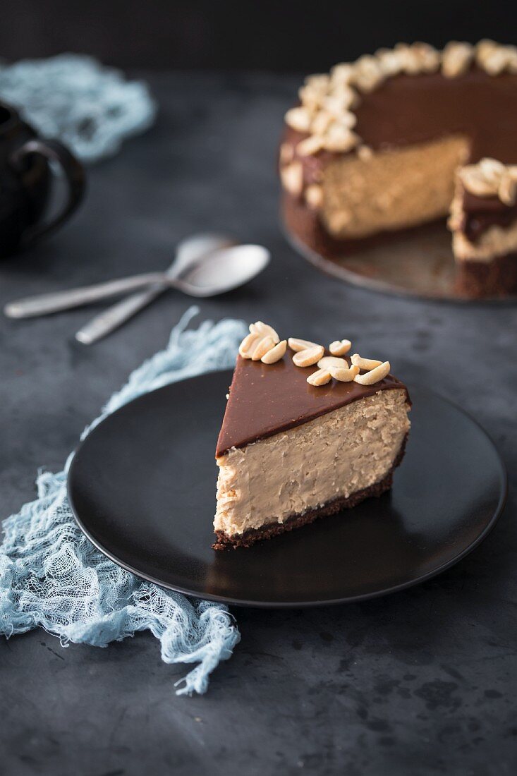 A slice of caramel cheesecake with chocolate and peanuts