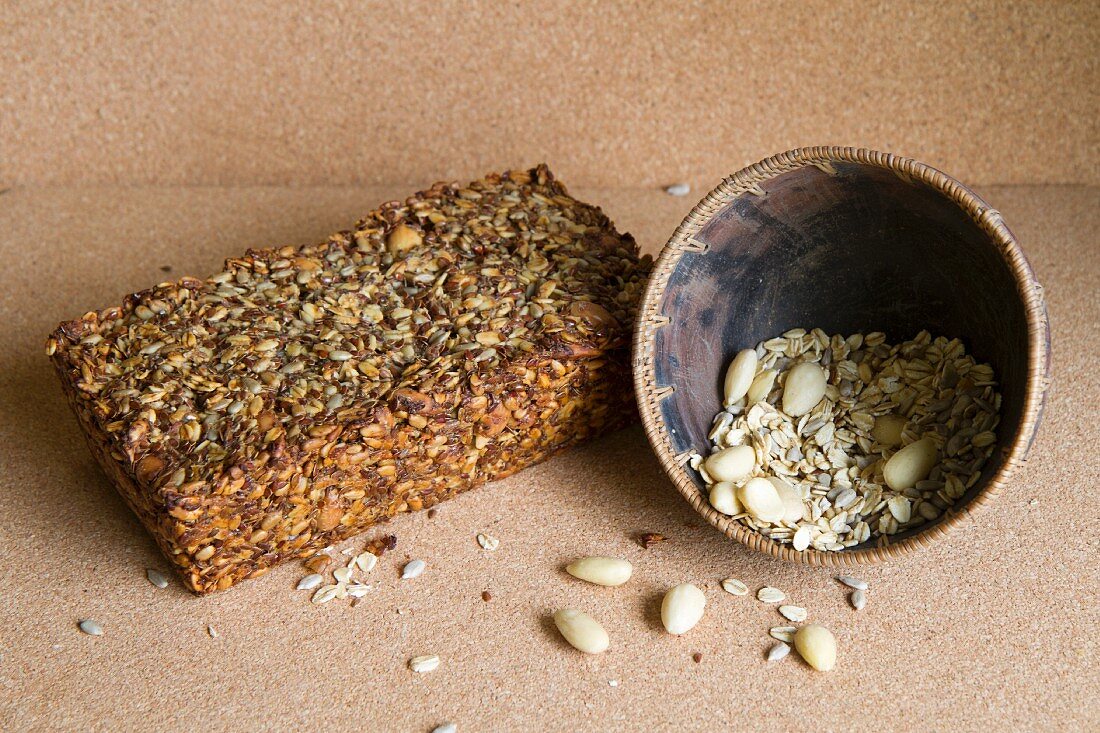 Homemade seed and nut bread with ingredients