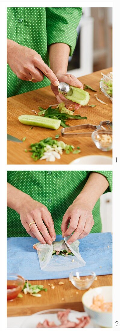 Preparing stuffed rice-paper rolls