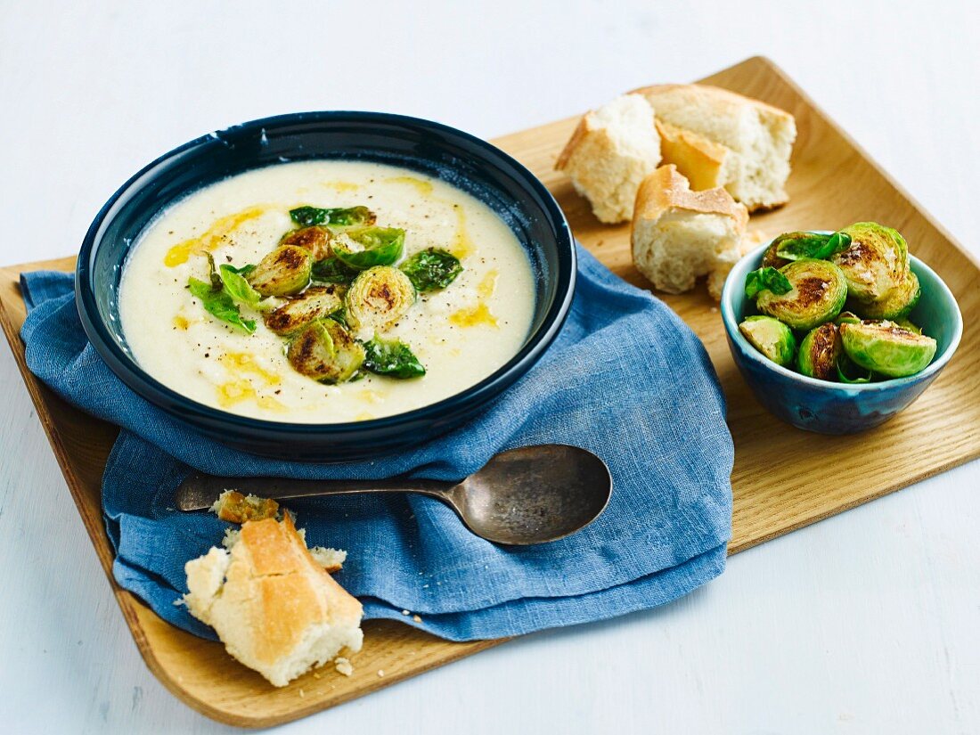 Roast cauliflower soup with buttered sprouts