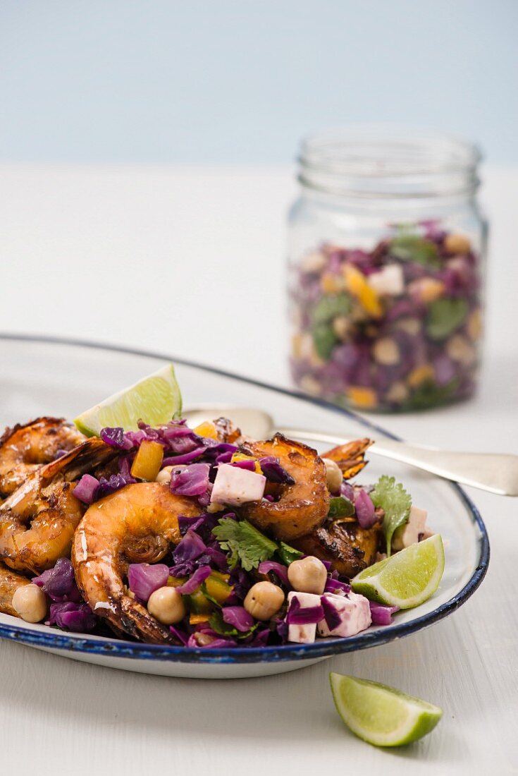 Glazed prawns with a warm red cabbage salsa