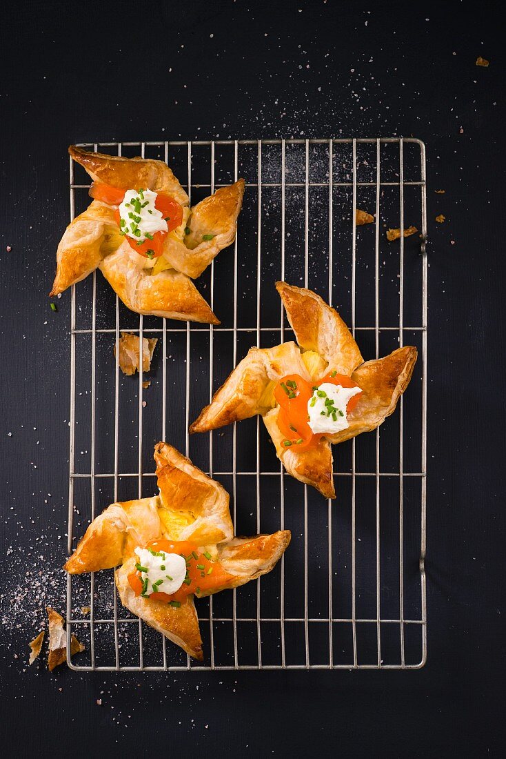Windmill pastries with pineapple, smoked salmon and cream cheese
