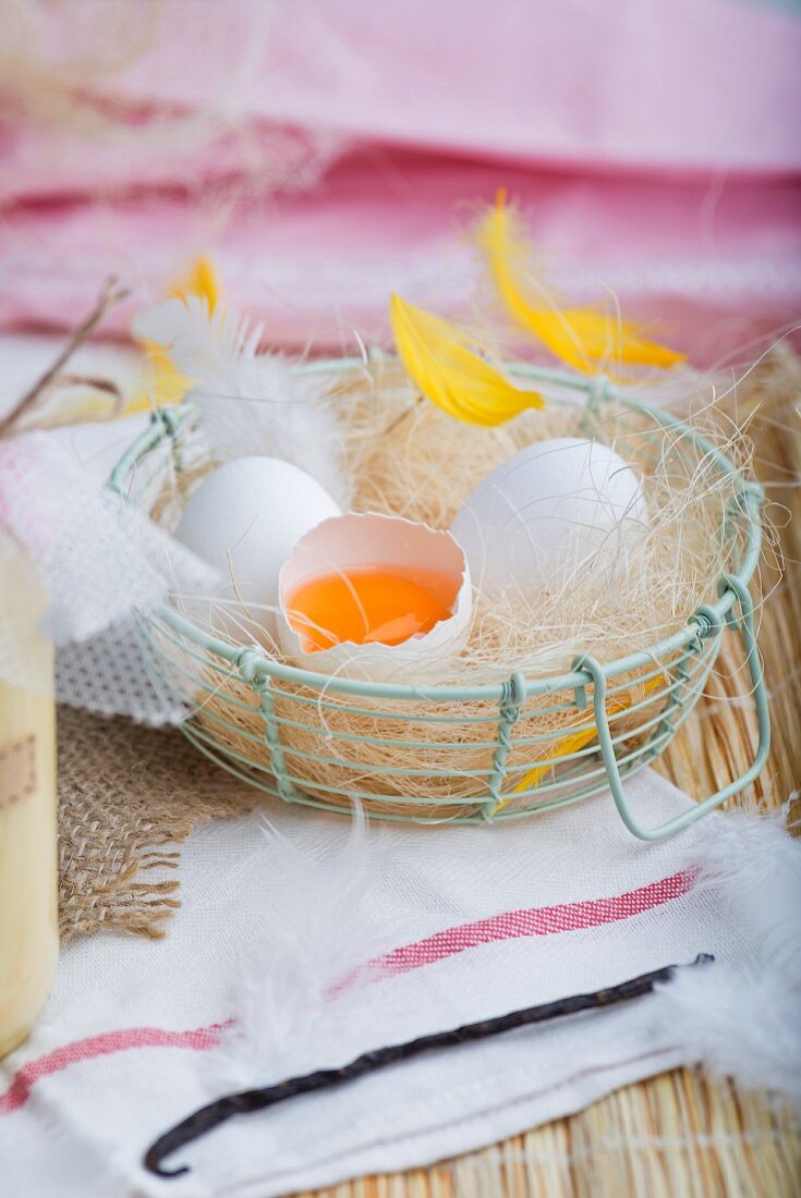 Fresh eggs with feathers in a wire basket