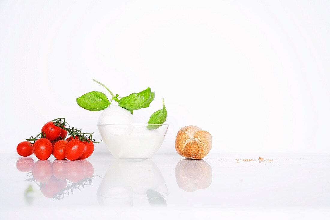 Stillleben mit Tomaten, Mozzarella, Basilikum und Brot
