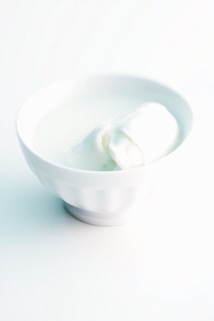 Mozzarella in a white porcelain bowl
