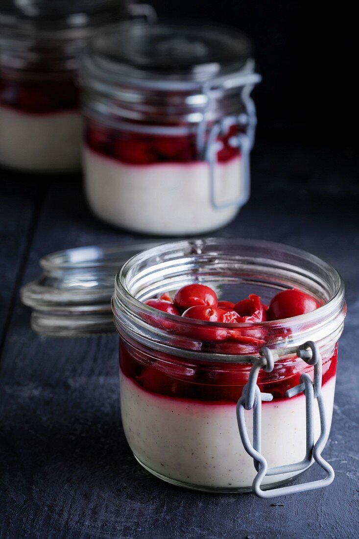 Vanilla pudding with preserve sour cherries