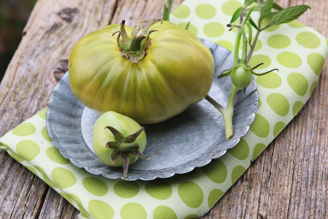 Green tomatoes on a metal plate