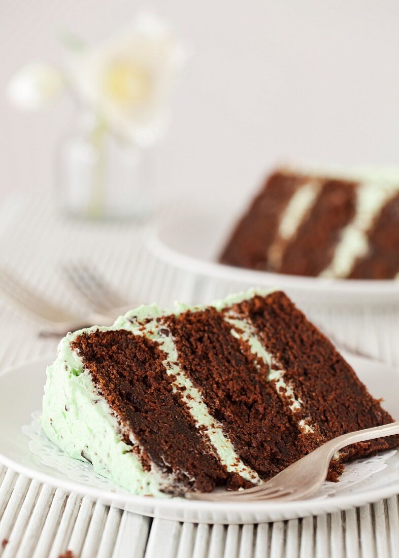 Ein Stück Schokoladen-Minz-Torte mit Chocolatechips