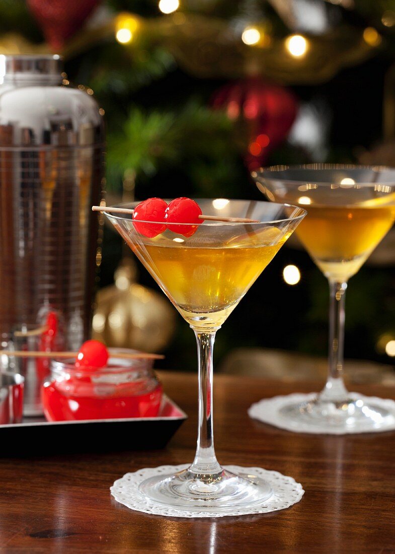 Cocktails served with Maraschino cherries for Christmas