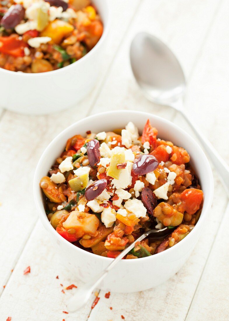 Lentil and olive stew with feta cheese