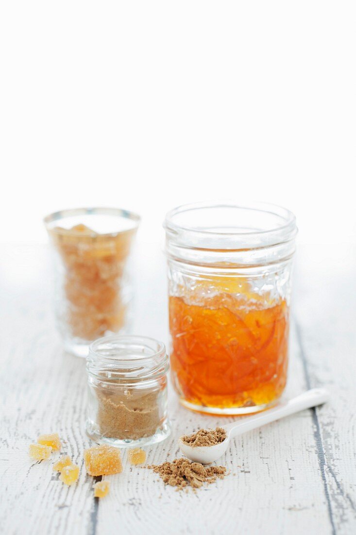 A jar of marmalade, ground ginger and candied ginger
