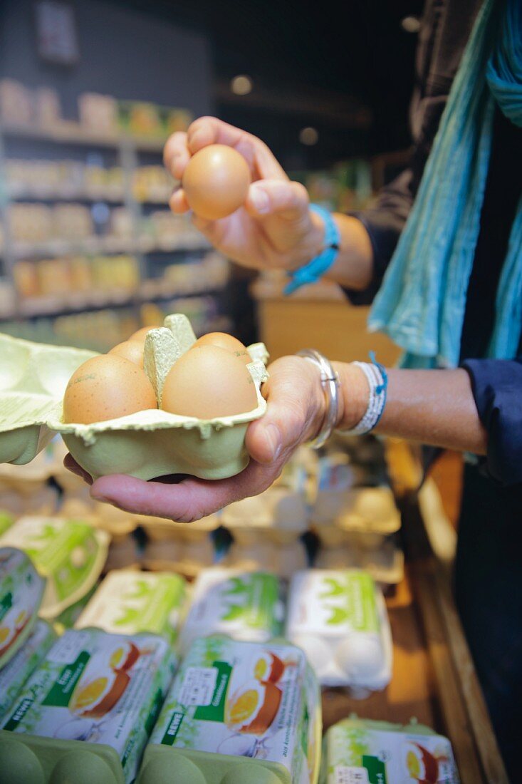 Organic eggs in a shop