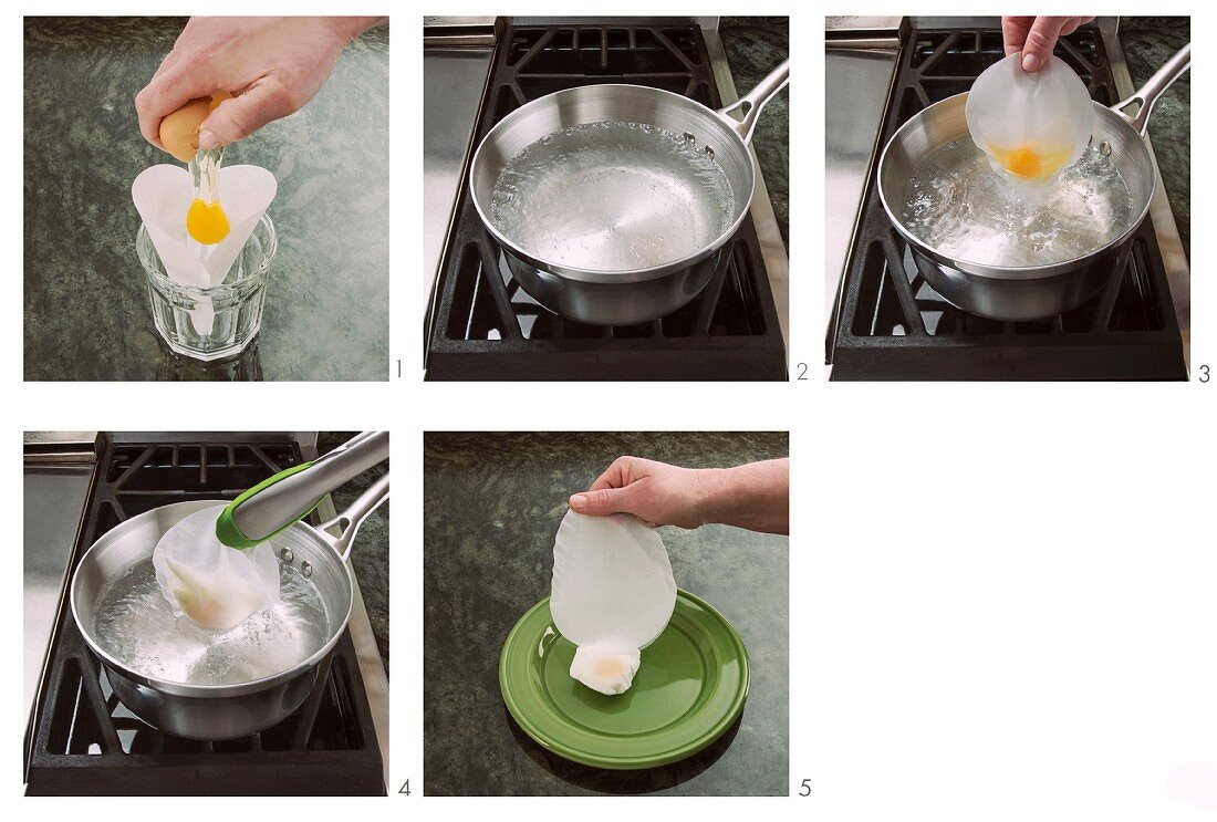 An egg being poached in a coffee filter