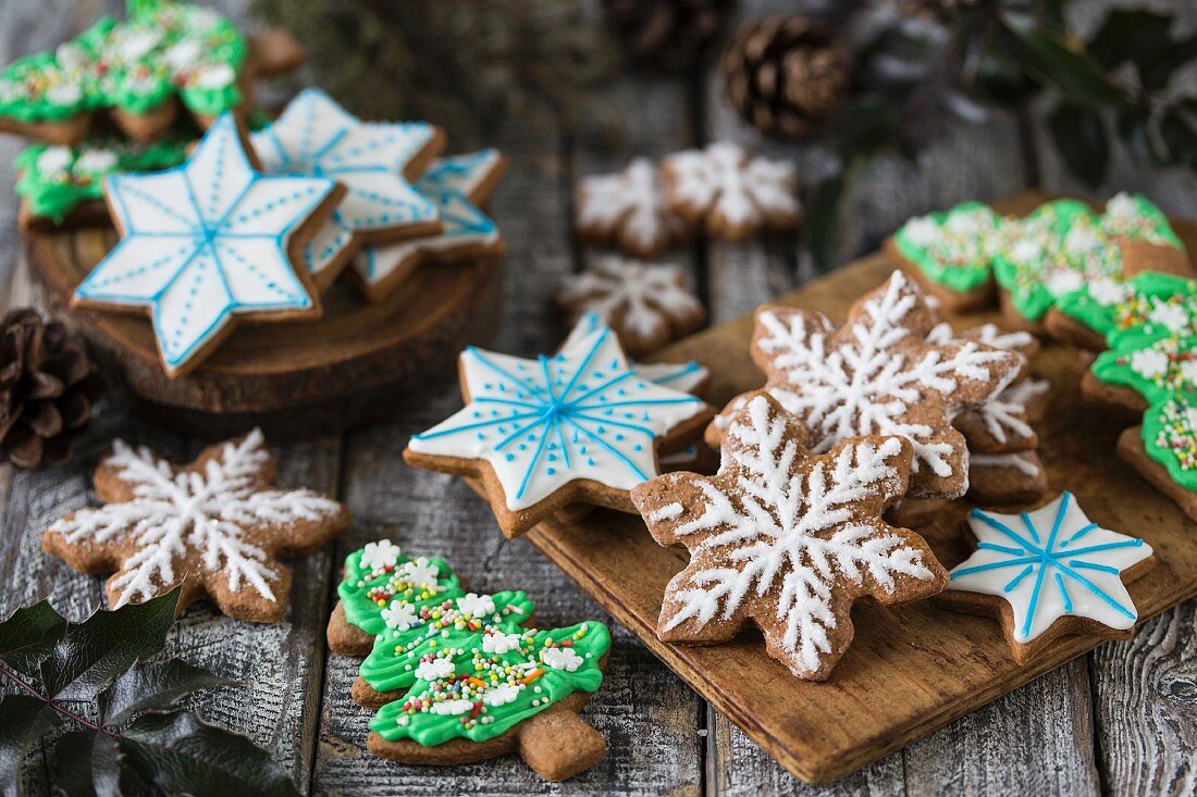 Various gingerbread biscuits decorated with colourful icing
