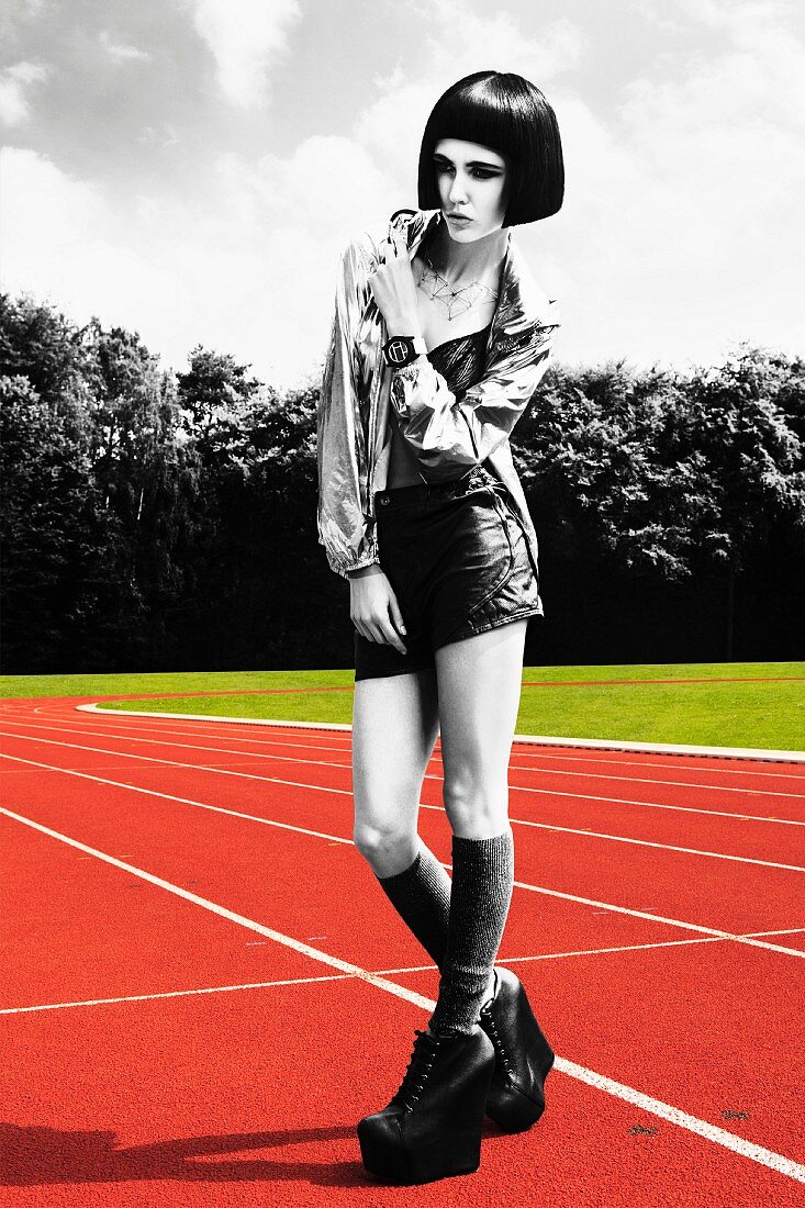 A young woman wearing a pair of shorts and shiny jacket standing on a running track