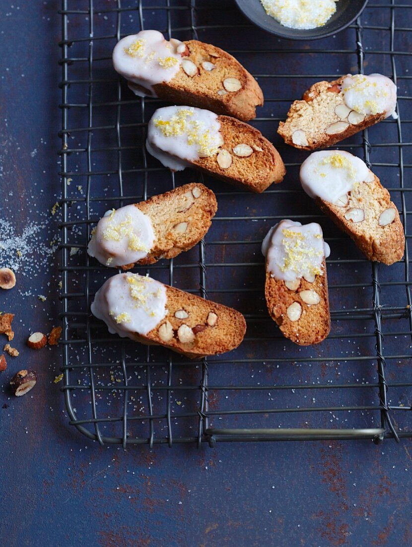 Italian biscuits served with espresso: cantuccini with lime sugar