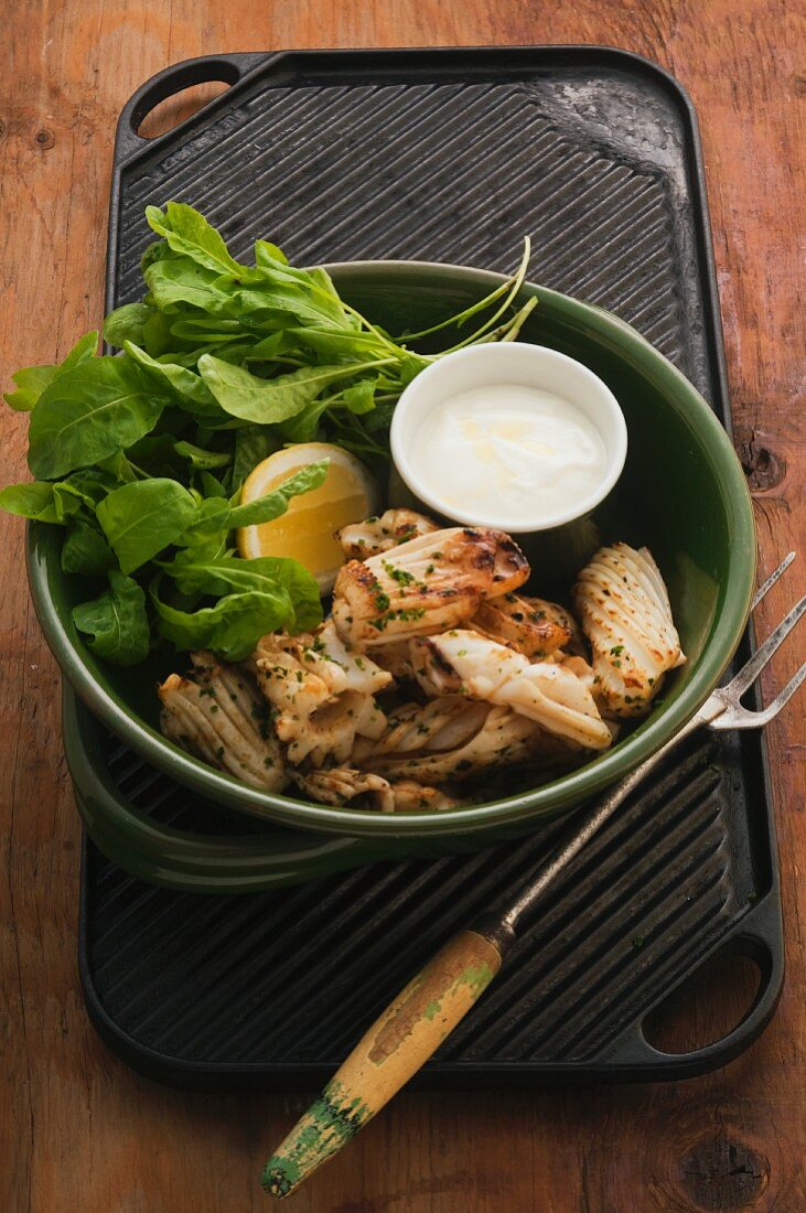 Gegrillter Tintenfisch mit Joghurtdressing und Kräutersalat