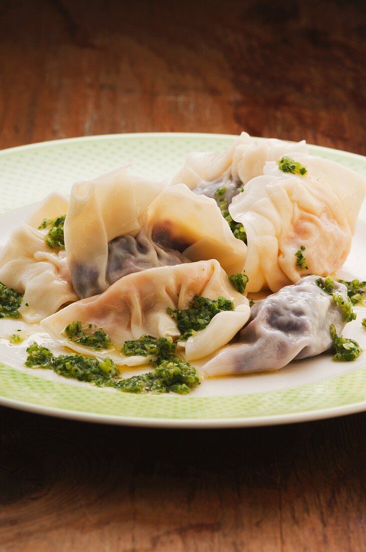 Carrot and ricotta ravioli with pesto