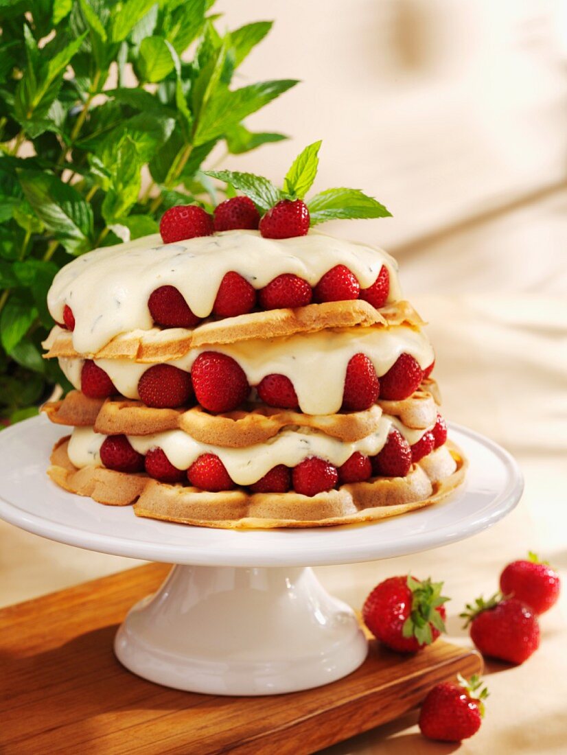 Strawberry waffle cake with lemon cream