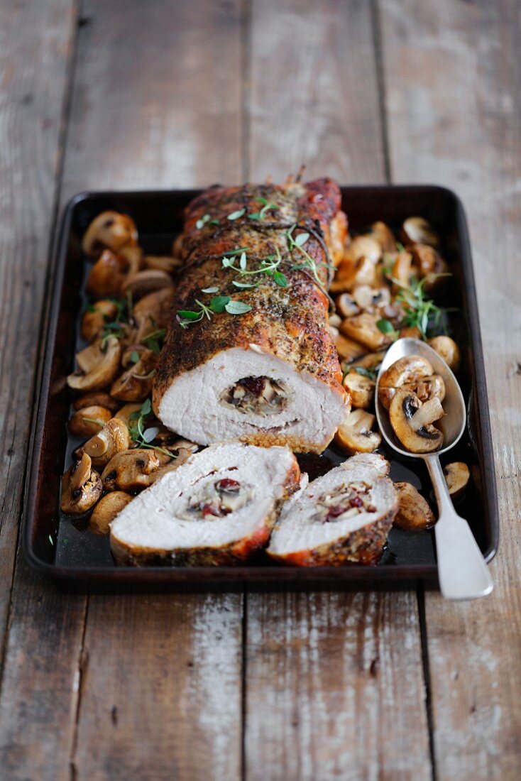 Stuffed pork loin with mushrooms and lingonberries