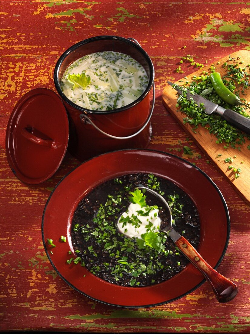 Black lentil soup and cream of kohlrabi soup