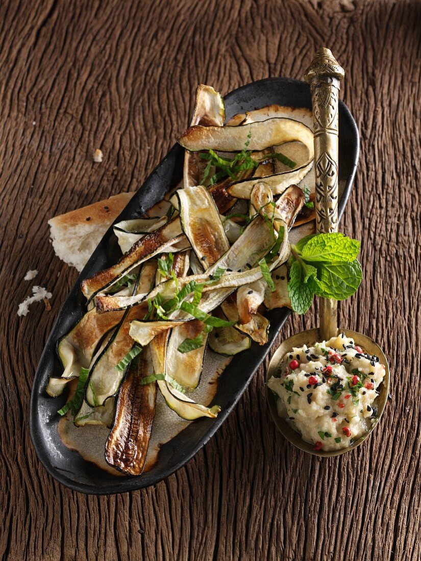 Dried courgette strips with aubergine mousse (vegetarian)