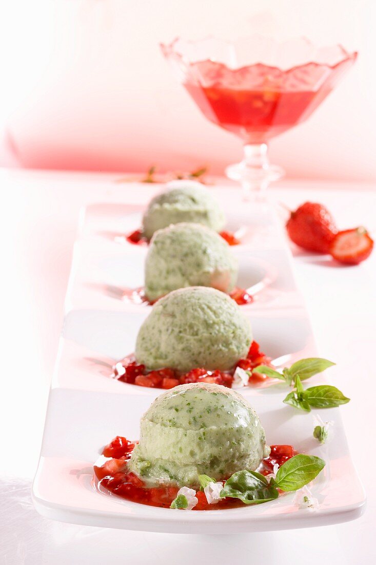 Basil sorbet with strawberry ragout
