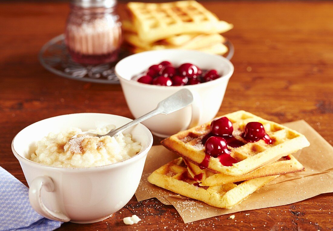 Waffles with sour cherry compote and rice pudding