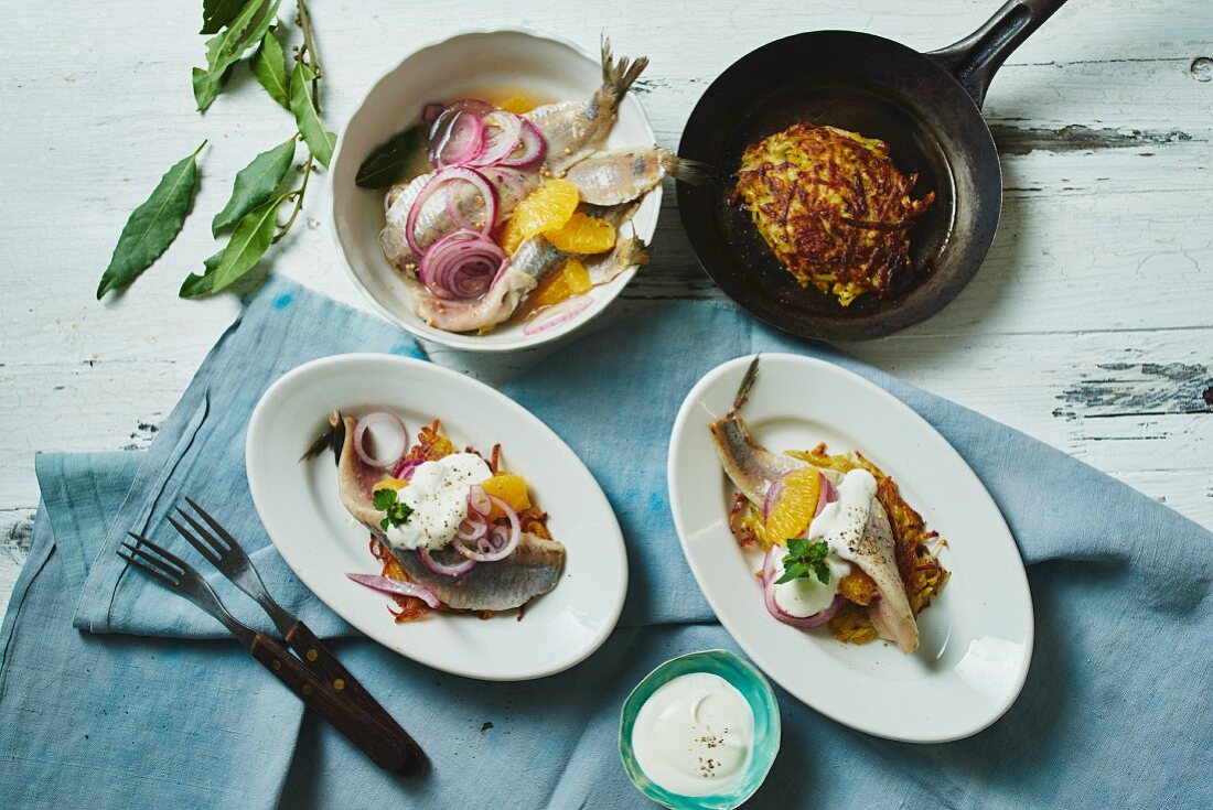 Marinierter Orangen-Matjes mit roten Zwiebeln und Rösti (Deutschland)