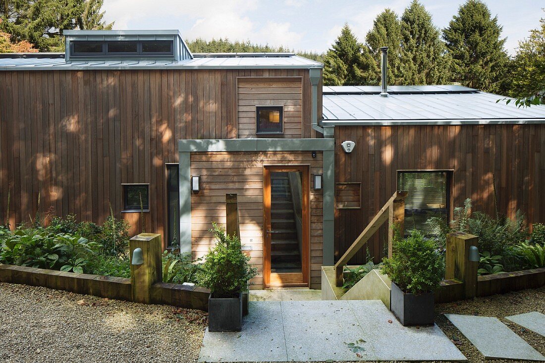 View down onto modern wooden house