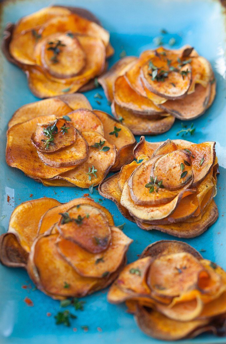 Baked sweet potato slices with fresh thyme