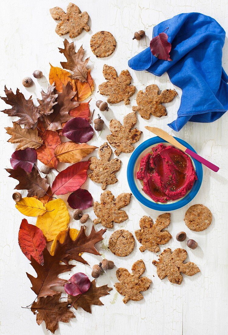 Pumpkin and flax seed cracker with beetroot hummus
