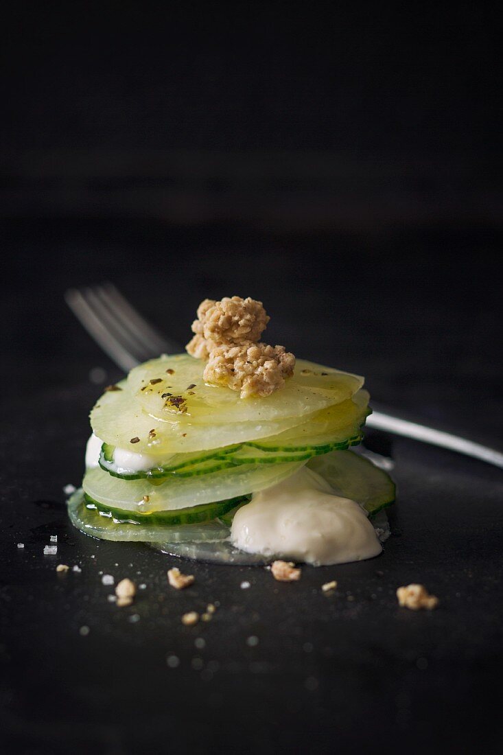 Cucumber and celeriac mill feuille with almond brittle