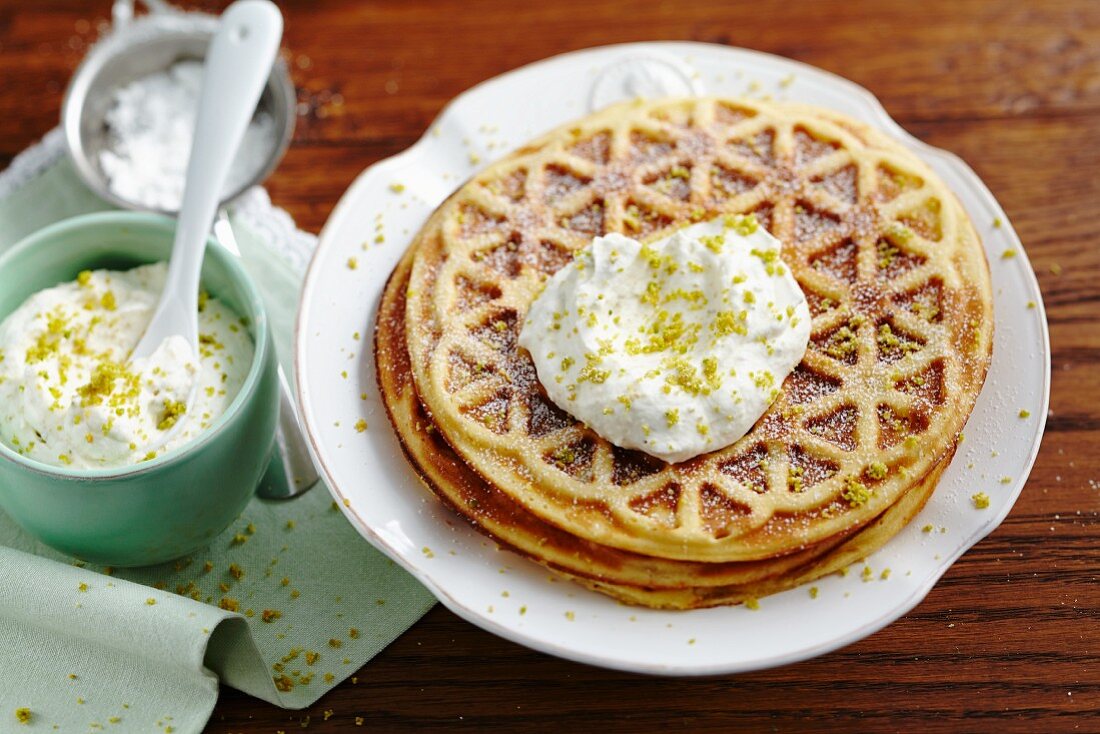 Marzipan waffles with almond and pistachio cream
