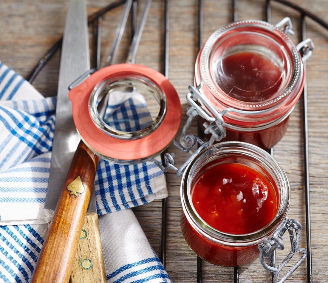 Homemade barbecue sauce in preserving jars