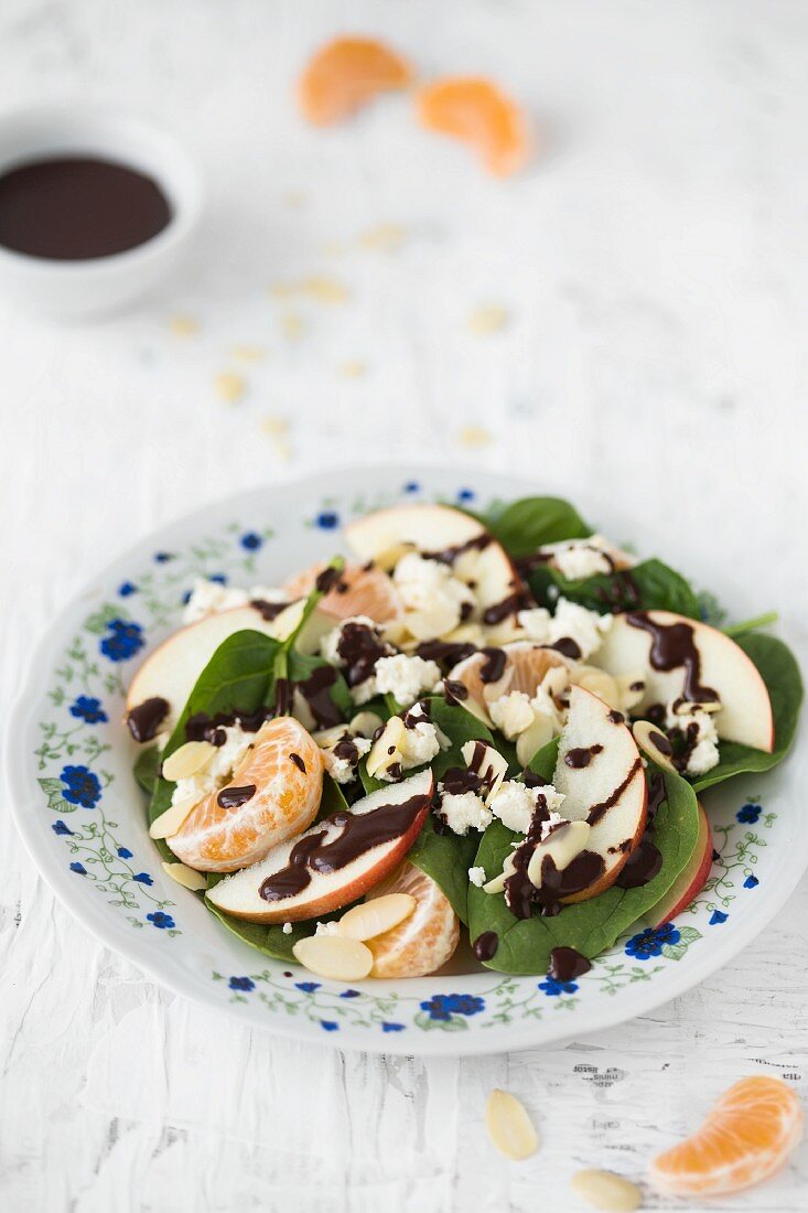 Spinach salad with apples, mandarins; goat's cheese and almond and chocolate vinaigrette