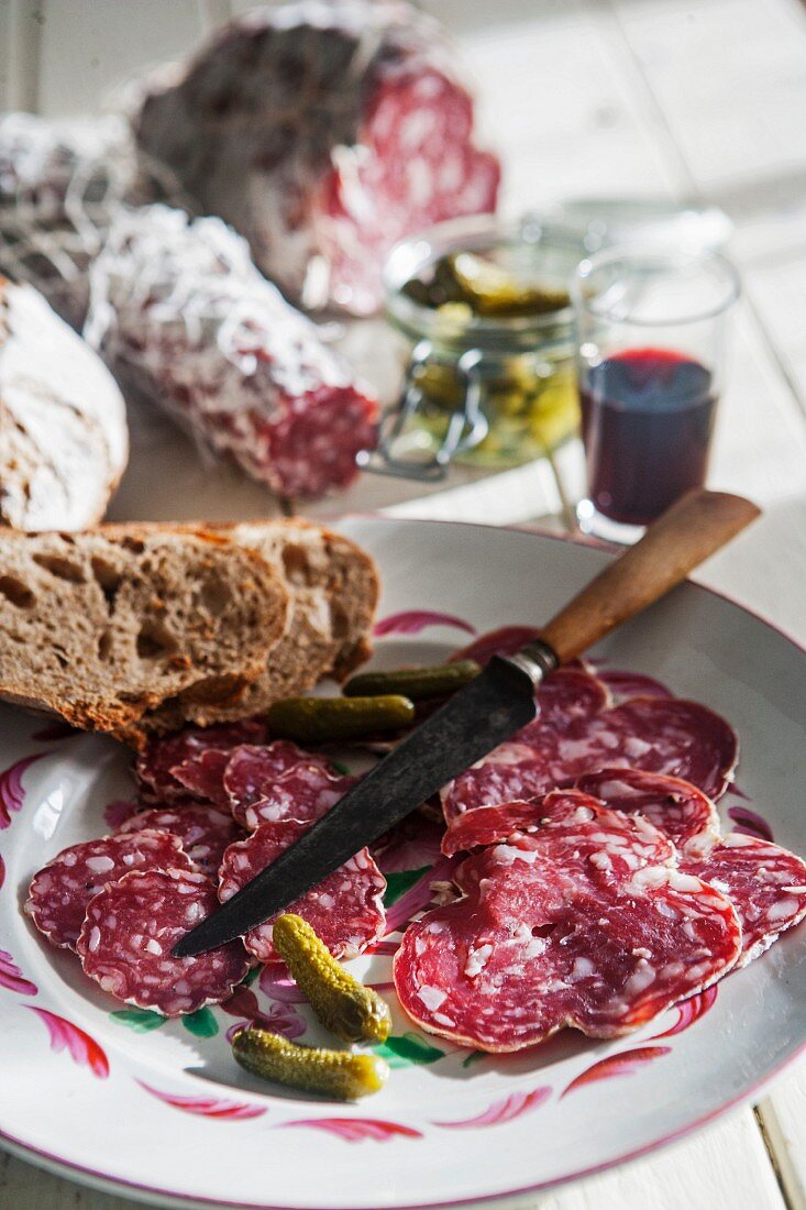A salami platter with gherkins and bread