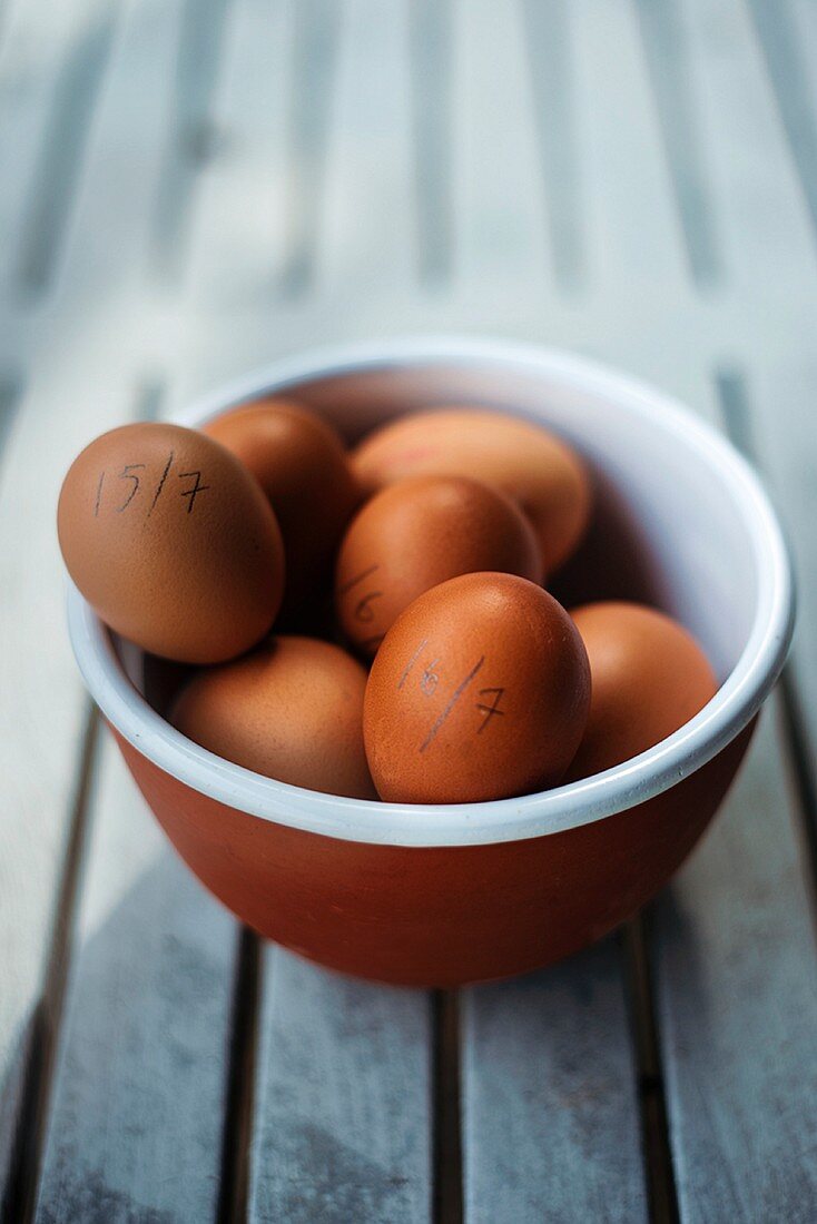 A bowl of brown eggs, stamped with dates