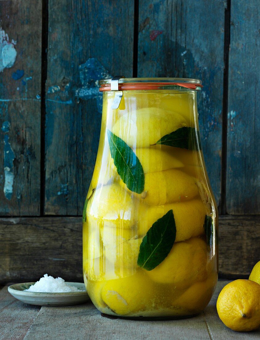 Salted lemons with bay leaves