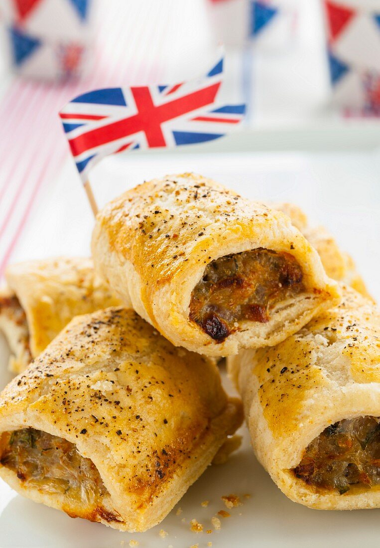 Sausage rolls with a Union Jack