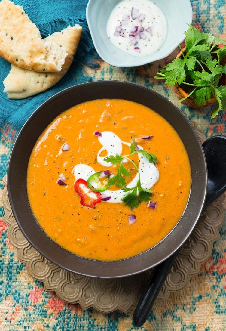 Peanut soup with chillis, red onions and yoghurt (Indonesia)