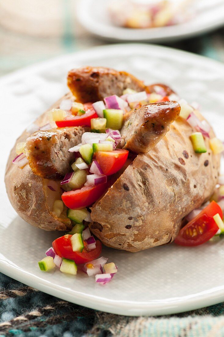 A jacket potato with sausage and salsa