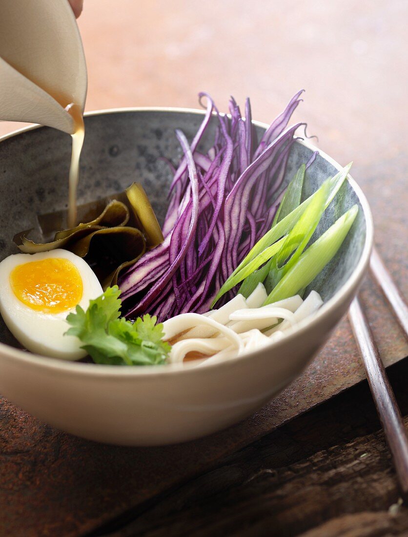 Ramen with red cabbage and egg