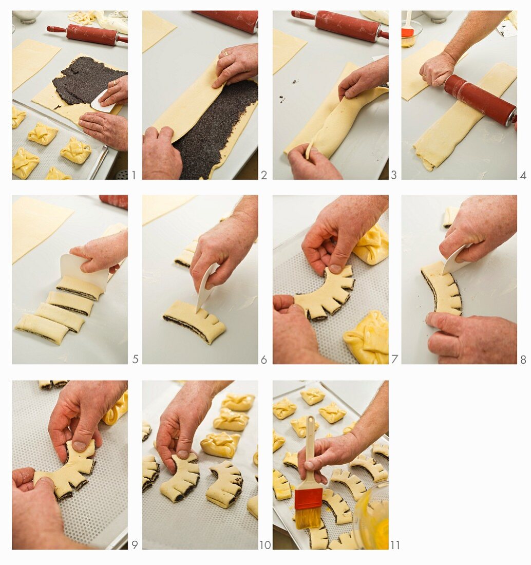 Flaky poppyseed pastries being made