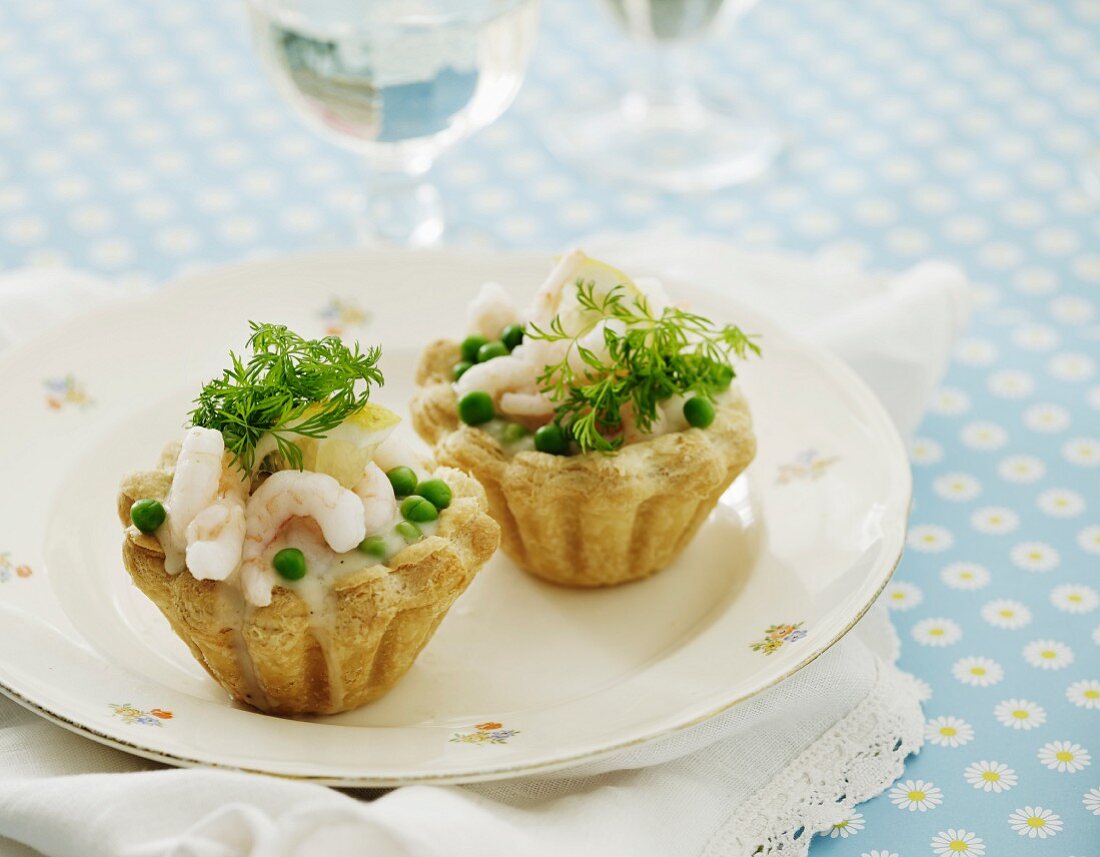 Pastries filled with prawns and peas