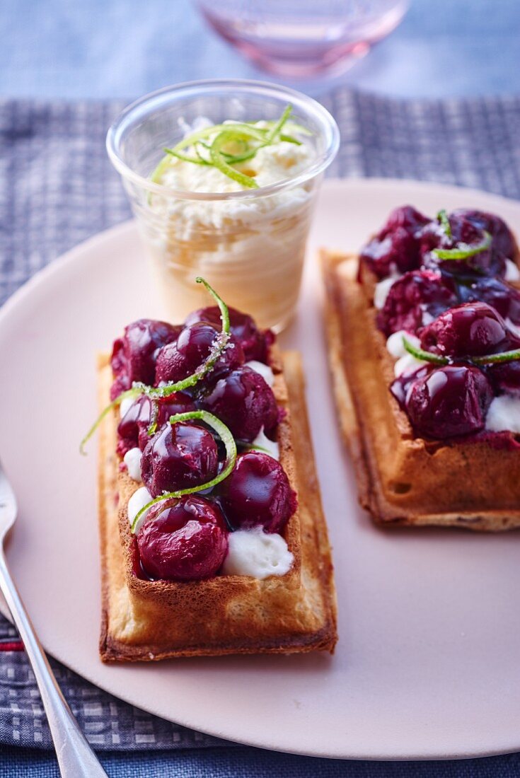 Waffles with sour cherries