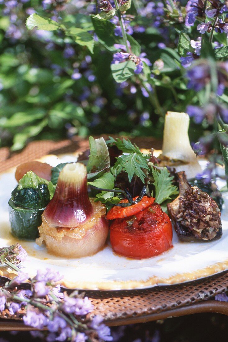 Verschiedene gefüllte Gemüsesorten mit Blattsalat auf Teller