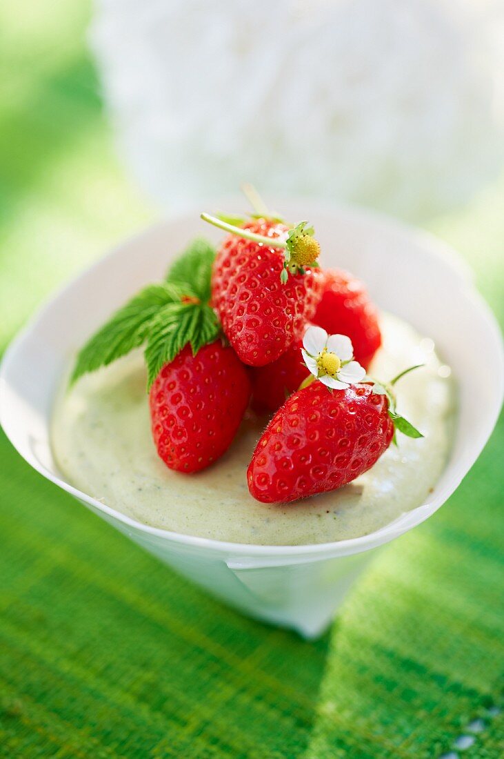 Green tea panna cotta with fresh strawberries