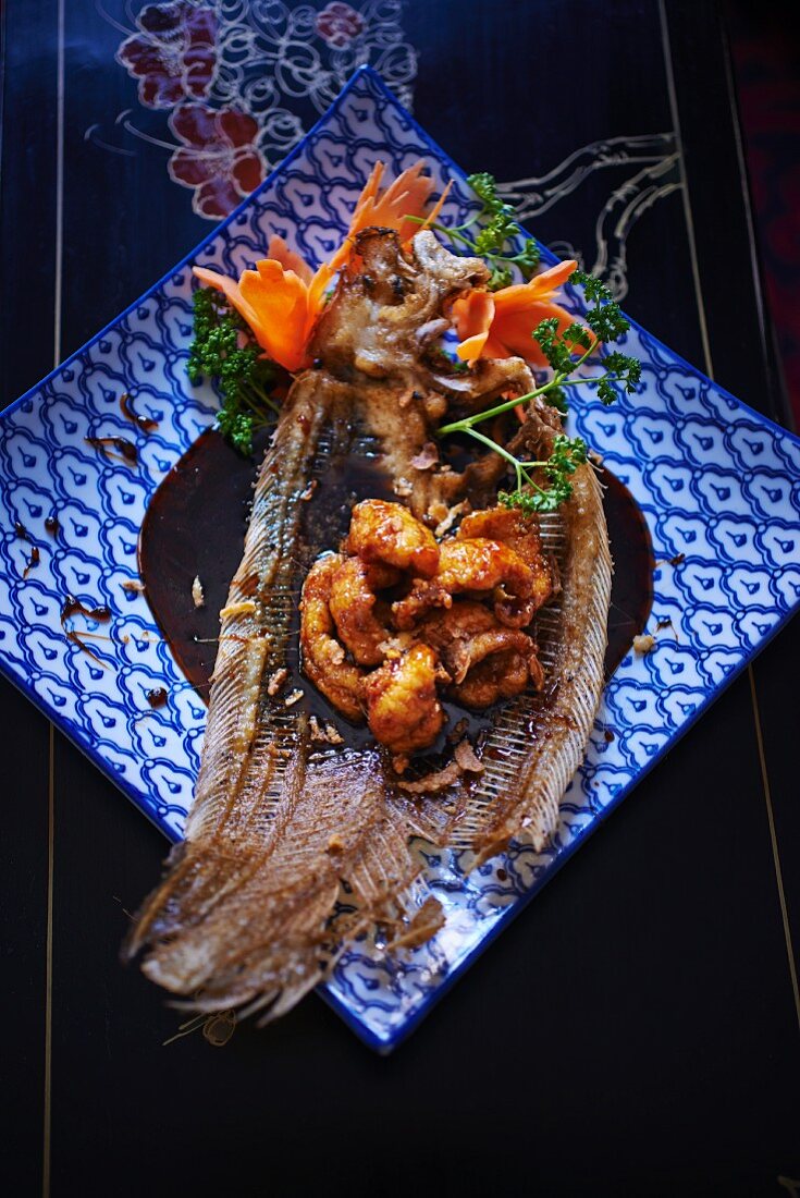 Caramelised sole with carrot flowers (Asia)